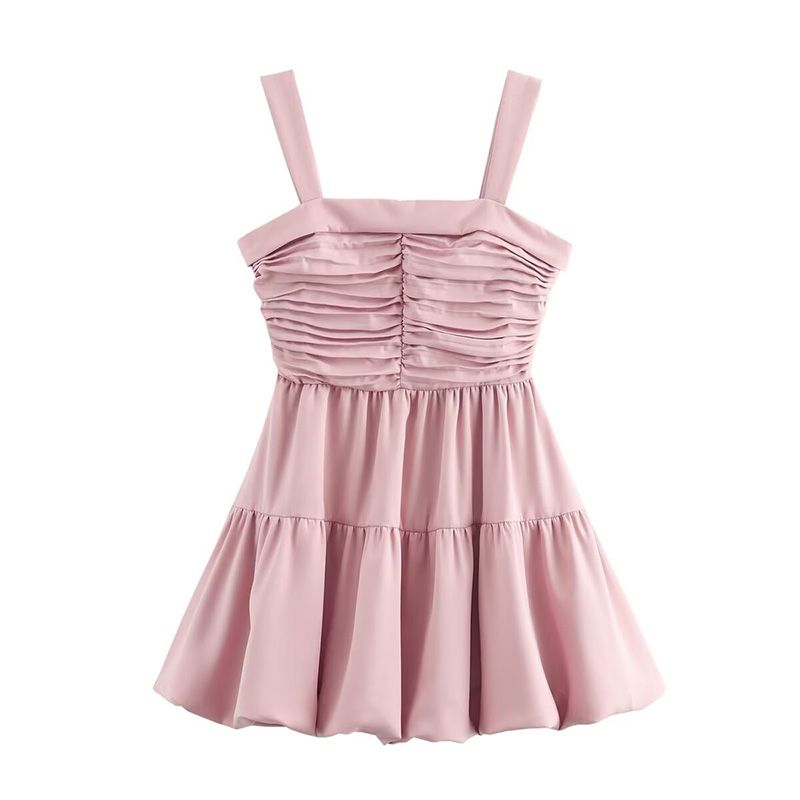 

Bali Beauty French Sweet Pink Ruched Puffy Bud Suspender Skirt Waist-Tight Slim Looking Princess Dress Pale Pink Slip Dress L
