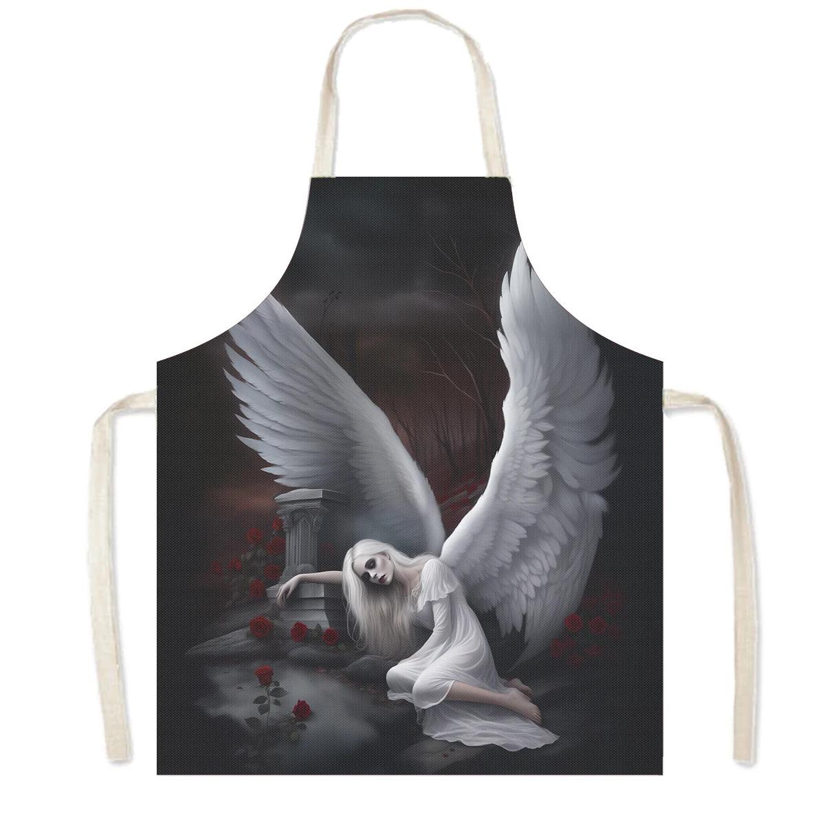 

Sad Angel with Wings Print Kitchen Apron Terror Gothic Angel Household Cleaning Clothing Linen Pinafore Chef Cooking Aprons 38X47cm