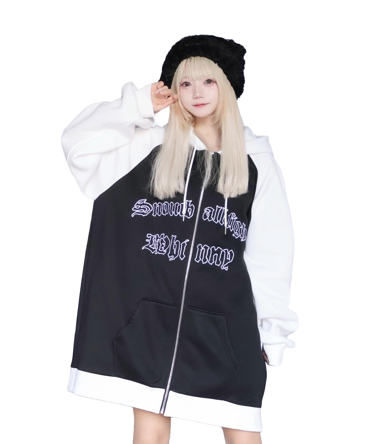 

WEGO Whinny Everyday Snowball Fight Korean Big Size Black Hoodie, Fleece-Lined, Outerwear, Sweatshirt, Top, Coat, Cute, Girly, Style, Silhouette, чёрный