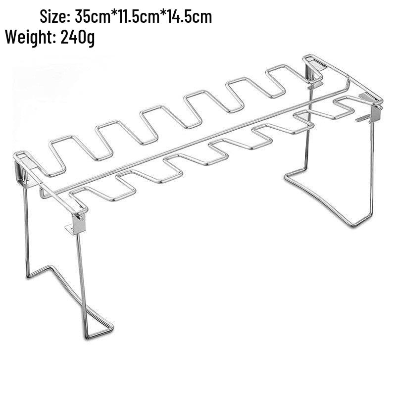 Foldable Stainless Steel BBQ Chicken Leg Rack with 14 Slots and Base Tray
