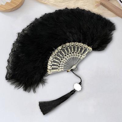 Yousheng Vintage Feather Lace Folding Fan with Tassels Portable Summer Hand Held Fan Decoration Dance Performance Props Party Costume Accessories