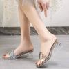 2025 summer new fashion simple versatile fairy cool slippers Internet celebrity word with slippers female medium heel thick heel