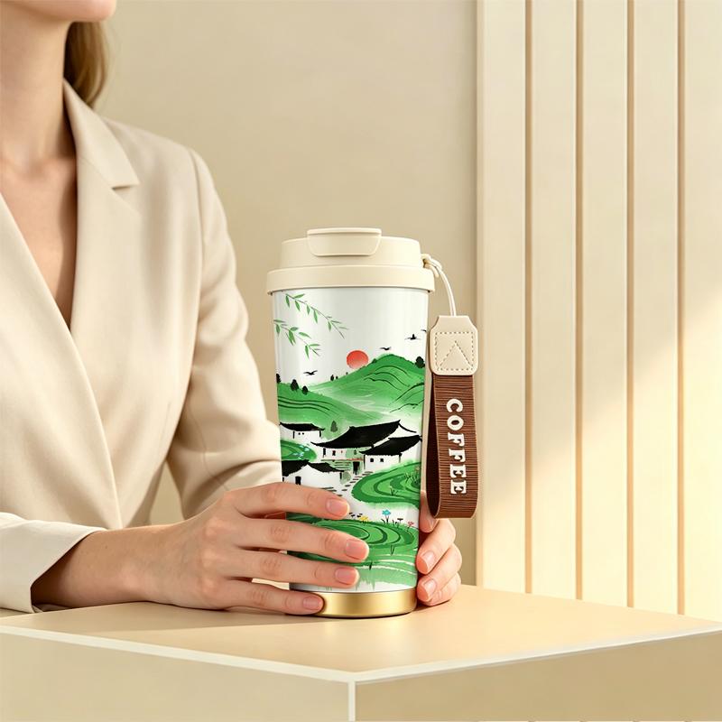 Coffee Mug 532ml Spring Village Terrace Motif Premium Gift Water Cup Stainless Steel Coffee Thermos Commuter Coffee Cup Strap Coffee Cup Coffee Mug 532ml