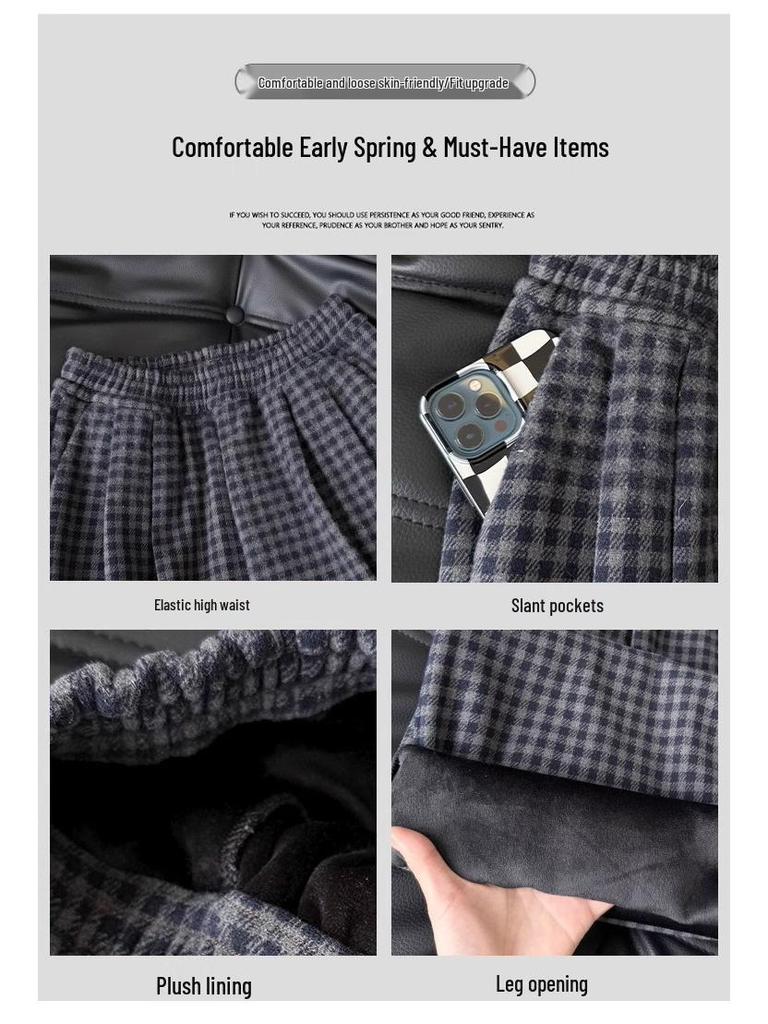 Women's Retro Wool & Velvet Plaid Wide-Leg Pants - Loose, Straight-Leg, for Autumn & Winter