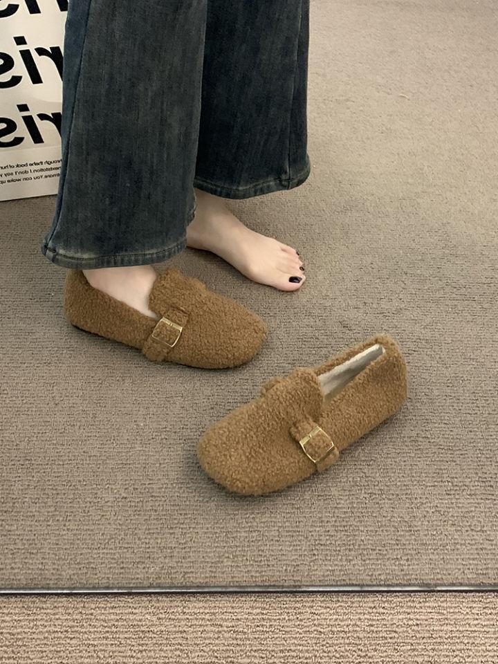 Flat-bottomed fluffy shoes for women's outer wear 2025 new autumn and winter one-pedal piled laden shoes gentle white Mary Jane cotton shoes