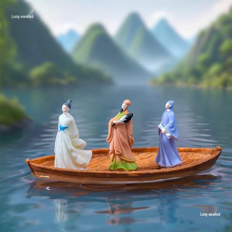 Creative Floating Mini Boat Ornaments: Zhuge Liang & Li Bai figures in Ancient Costume - DIY Decorative Accessories