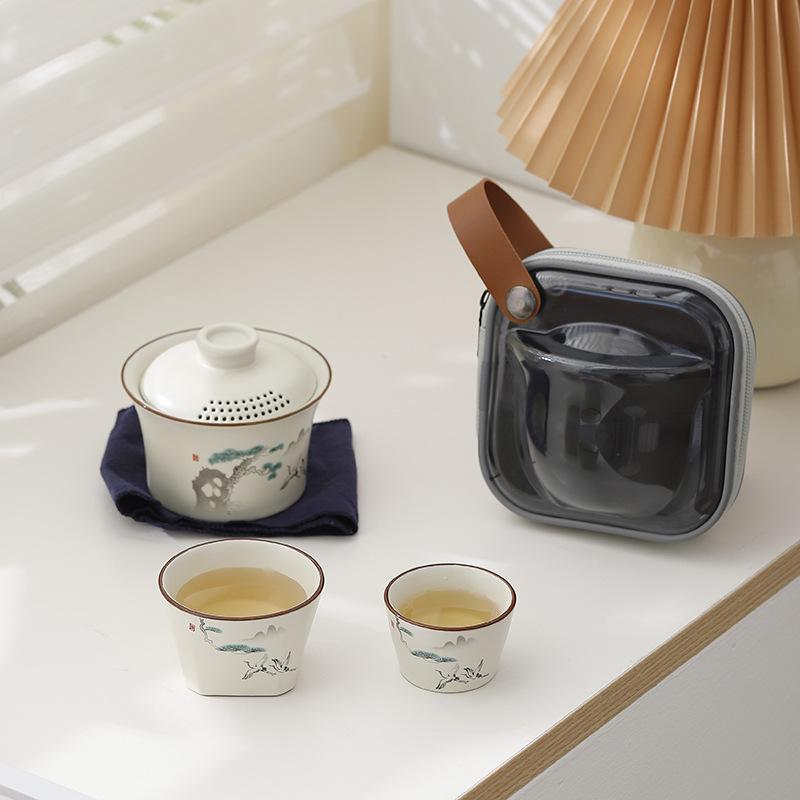 Ru Kiln Cover Bowl Two Cups Travel Tea Set Chinese Simple Portable Storage Bag Kuaike Cup Camping Tea Set