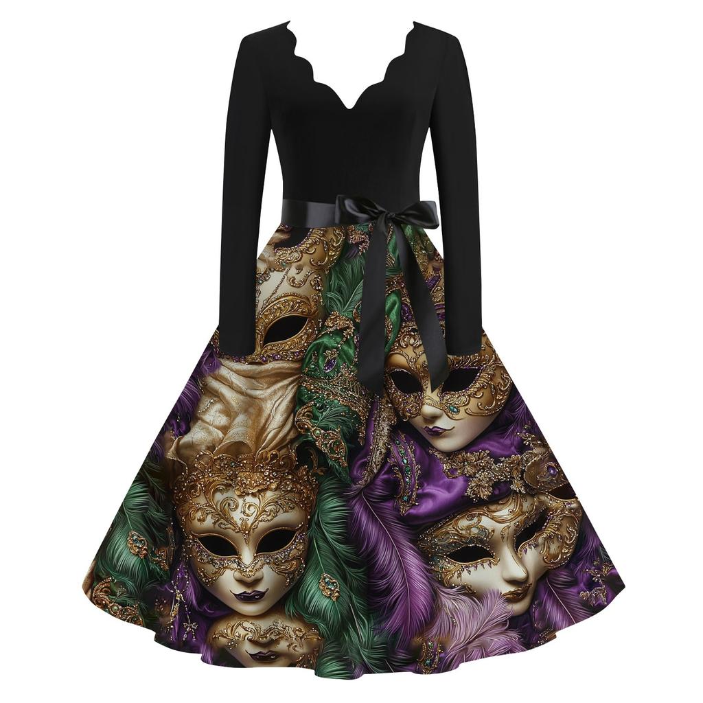 Women's Casual Fashion V-Neck Long Sleeve Carnival Print Vintage  Dress