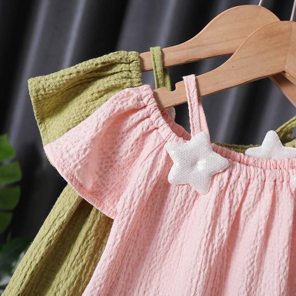 Letní Dětská Roztomilá Trička s Potiskem Dívčí Halenka s Odhalenými Rameny na Ramínka Volný Krátký Rukáv Hvězda Tričko Dětská Košile Jednobarevný Top