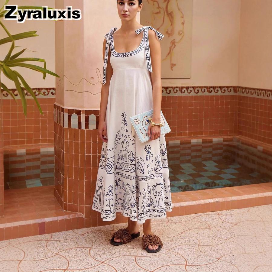 Lässiges Mode Leinen Bedrucktes Bindeband Raff Kleid