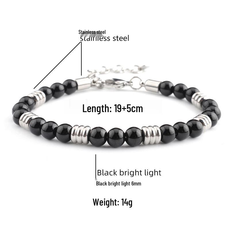 Unisex Black Dragon Agate Beaded Bracelet, 6mm Stainless Steel, Handmade European  American Style
