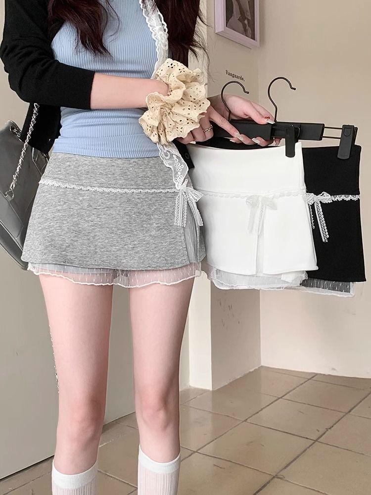 Bowknot Sweet Lace Patchwork High-Waisted A-Line Skirt - Summer Spicy Style Anti-Exposure Hip-Hugging Short Skirt for Women.