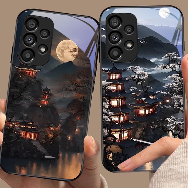 Old Style Building For Samsung Galaxy S 8 9 10 20 Plus 21 FE 22 23 24 Ultra S7 Edge Black Tempered Glass Phone Case Hard Shell