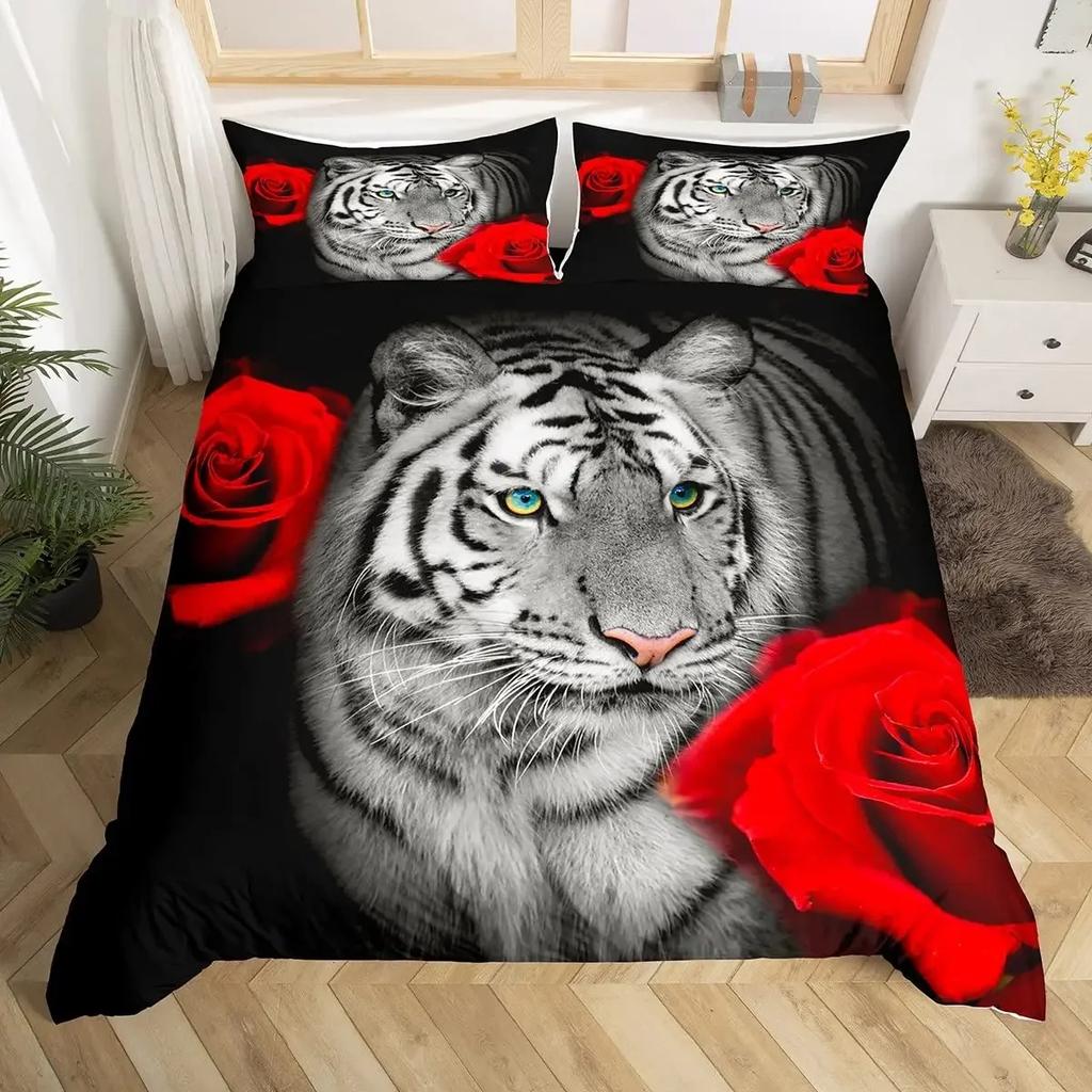 White Tiger Red Rose King Queen Duvet Cover Africa Big Cat 3D Polyester Bedding Set for Adult Teen