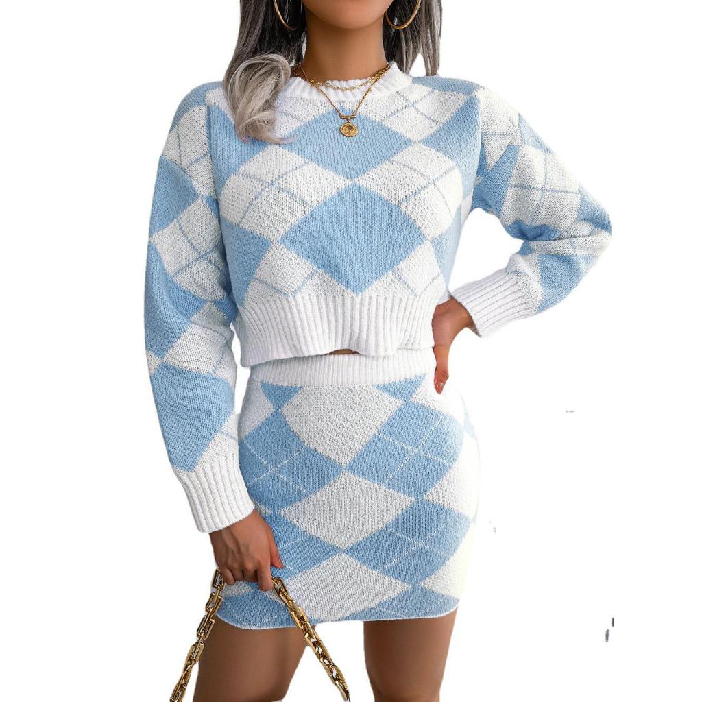 Dámský podzimní zimní kontrastní kosočtvercový pletený pupíkový svetr s obalem přes boky a sukňovým setem