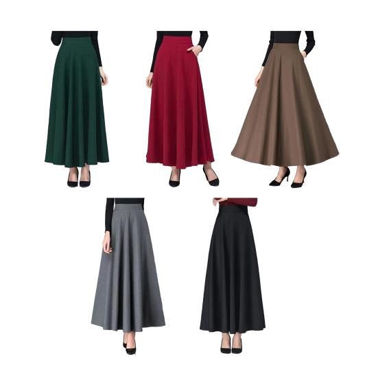 Maxi Skirt High Waist A-Line Long Skirt with Pockets Breathable Slimming Large Hem Design Office Lady Skirt
