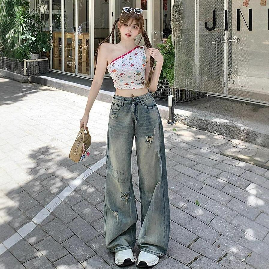 Fashionable Comfortable High Street Broken Jeans Women Years Straight Small Loose High Waist Thin Wide Leg Trousers Jeans for Women Long Denim Pants