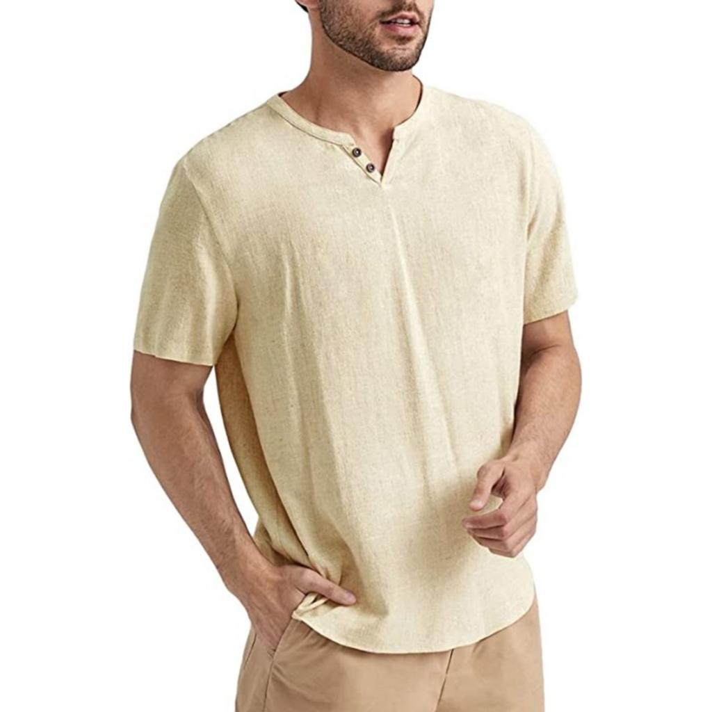 Men's Casual -color Short-sleeved Shirt With V-neck And Light Short-sleeved Top