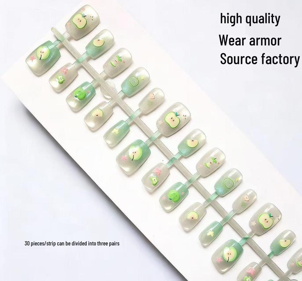 Ice Translucent Green Apple Glitter Press-On Nails with Cat Eye Art Stickers