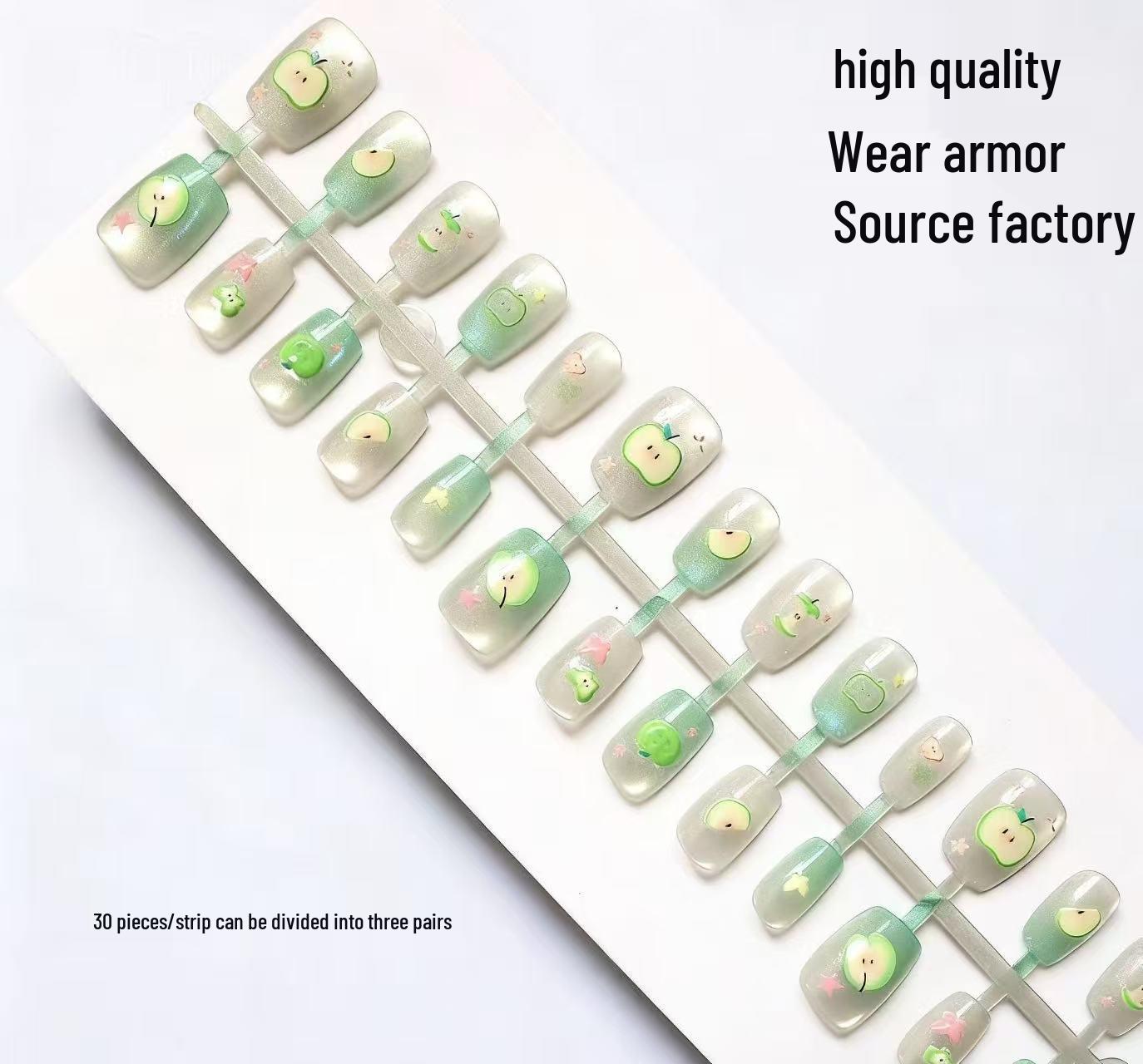 Ice Translucent Green Apple Glitter Press-On Nails with Cat Eye Art Stickers