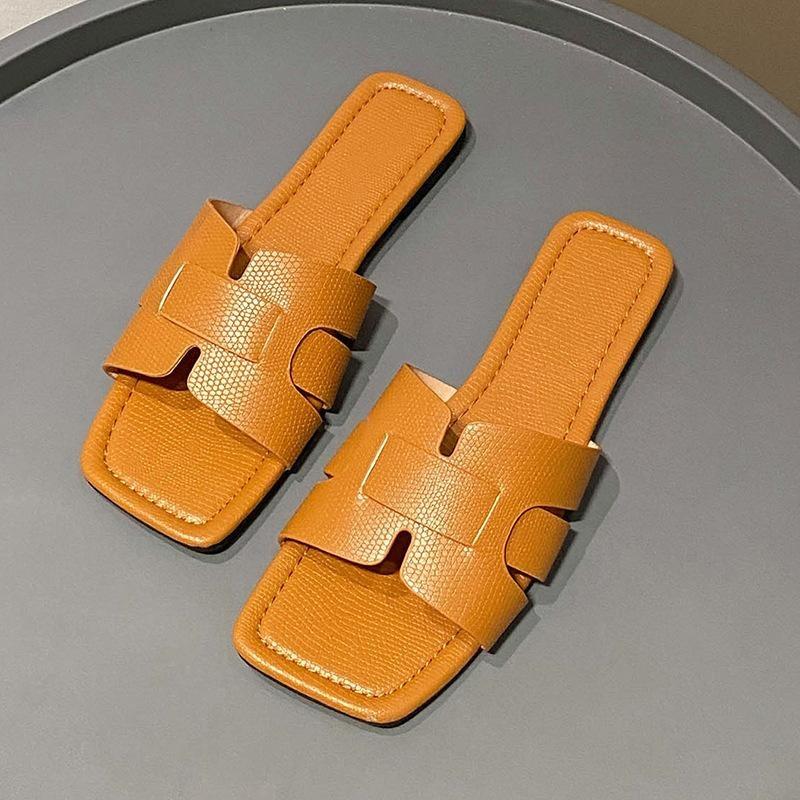 Women's Slippers Summer Square Head Flat Bottom Women's Sandals Lazy Large Size Beach Shoes