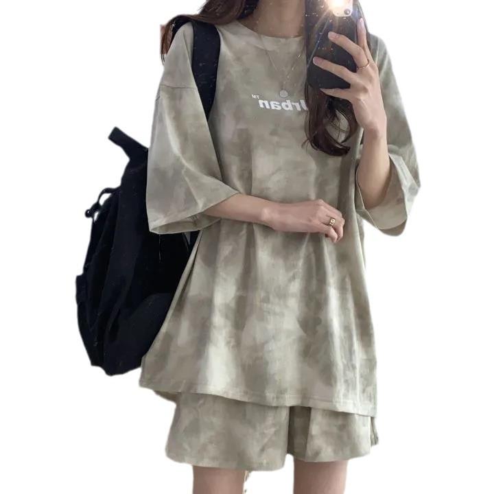 Damen T-Shirt Shorts Anzug Set Lässig Batik Lockeres T-Shirt und Weitbeinige Mittellange Shorts mit Taschen Übergröße