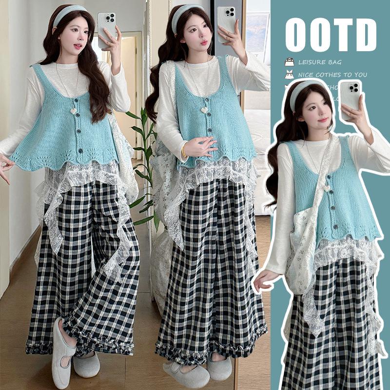 Spring 2026 Korean Style Maternity Fashion: Top Vest & Wide-Leg Pants Set M