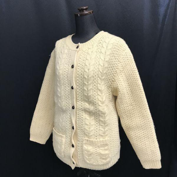 Northern Isles 100% Virgin Wool Long Cardigan Women M Ivory Aran Pattern Vintage(USED)