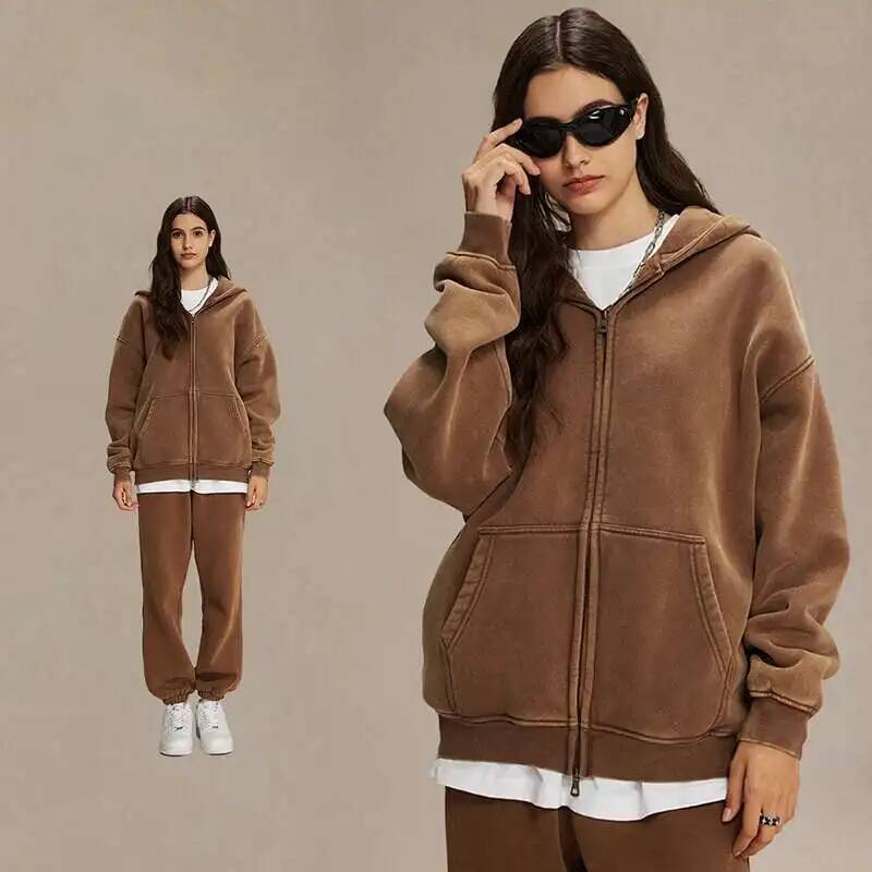 BeatStreet Men's Wear Wax Printing Vintage Male Hoodies Oversized Loose Zipper Water Washed Plush Sweatshirt Trendy New
