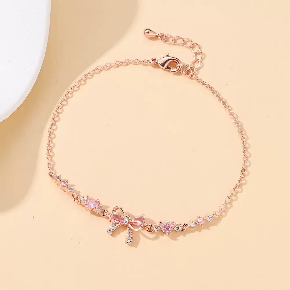 Women's Pink Zircon Heart Bracelet - Elegant Diamond Bow Design, Cute & Sweet Gift for Girlfriend