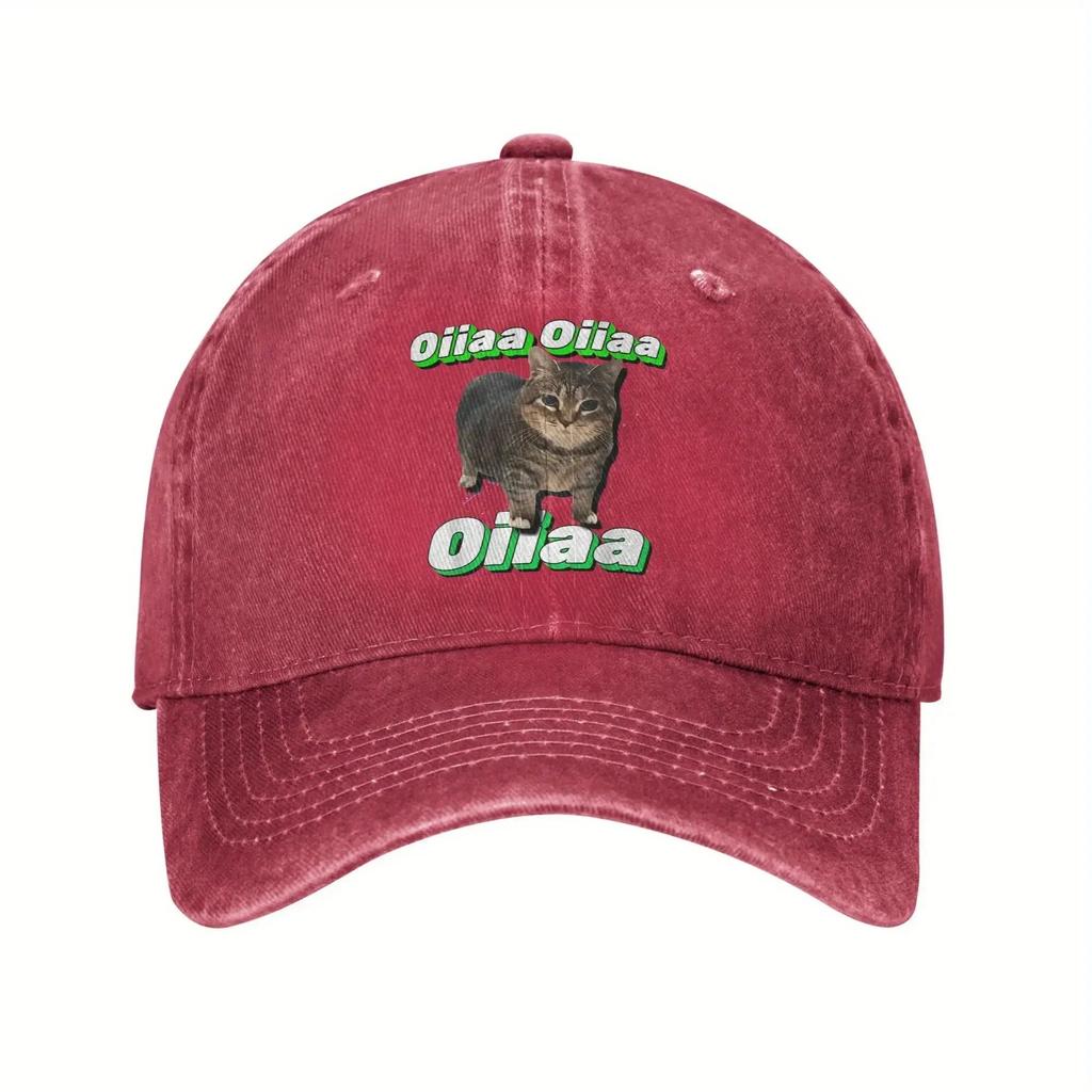 OIIAA Retro Spinning Cat Meme Baseball Cap Adjustable Lightweight Distressed Washed Black Hat with Green Text Casual Outdoor