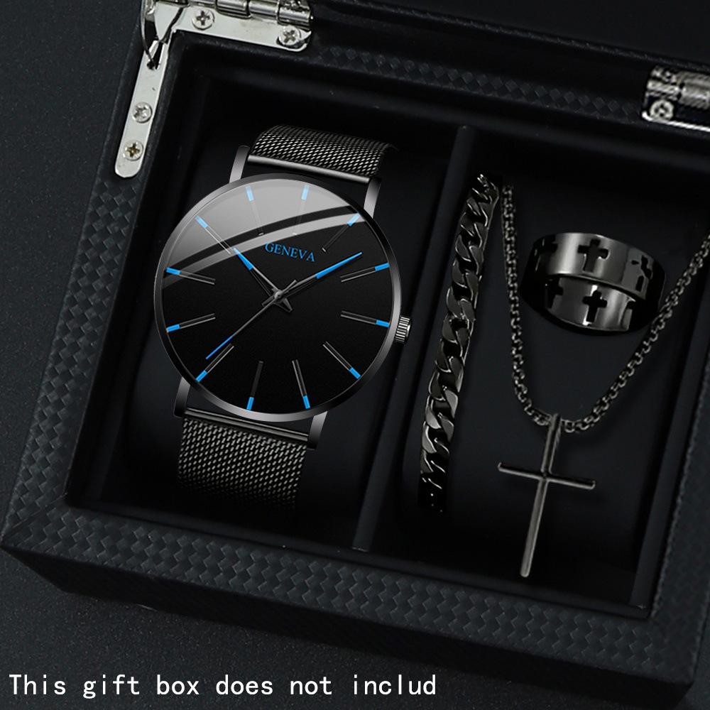 Geneva Watch 4-Piece Men S Watch Business Mesh Quartz Watch Set