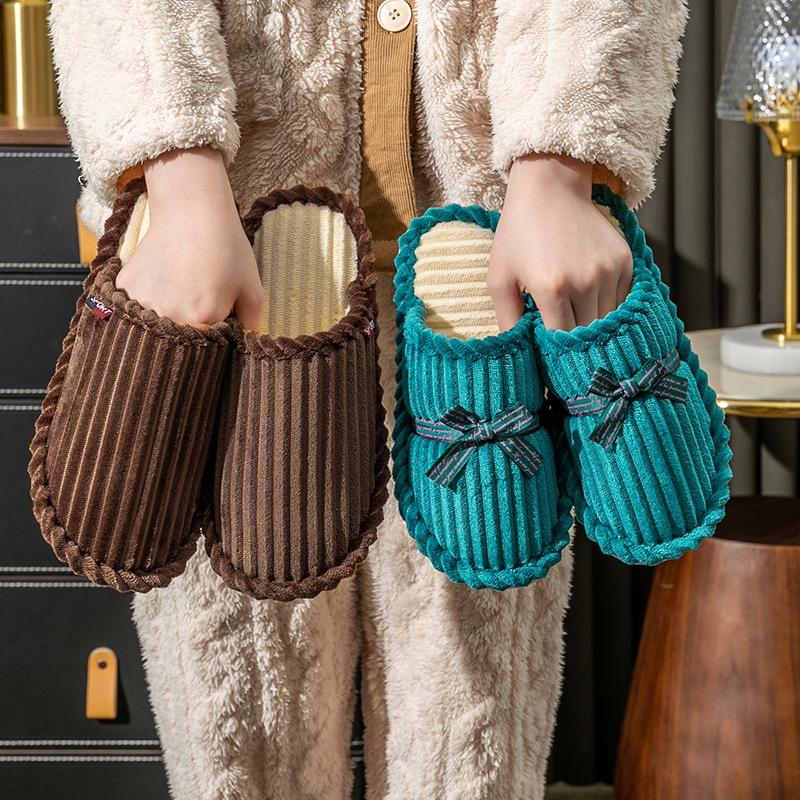 Bow Cotton Slippers Women and Men Winter Couples Home Non-slip Fluffy Warm Floor Mop Corduroy Slippers Batch