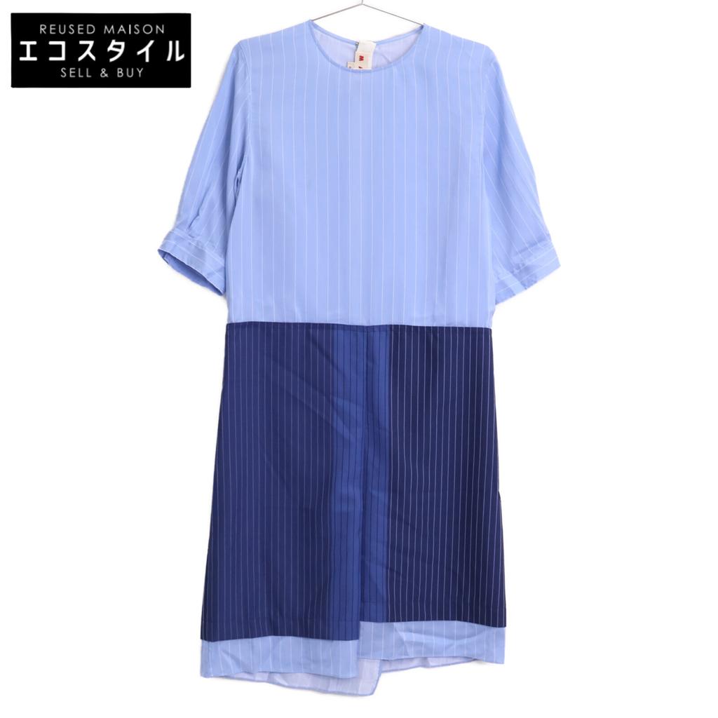Marni [Excellent Condition/Domestically Authorized/Made In 2012] ABMA1173Q0 Striped Short Sleeve Dress 38 blueUsed