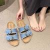 Aphixta Retro Blue Denim Slippers Women Summer Round Toe Shoes Outdoor Flat Heel Slides Metal Buckle Flip Flop
