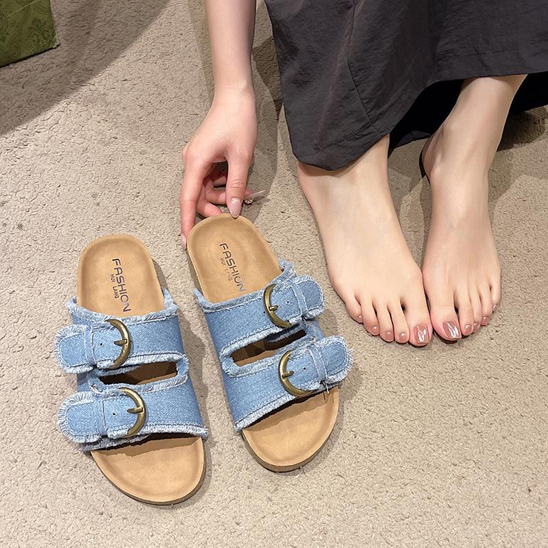 Aphixta Retro Blue Denim Slippers Women Summer Round Toe Shoes Outdoor Flat Heel Slides Metal Buckle Flip Flop