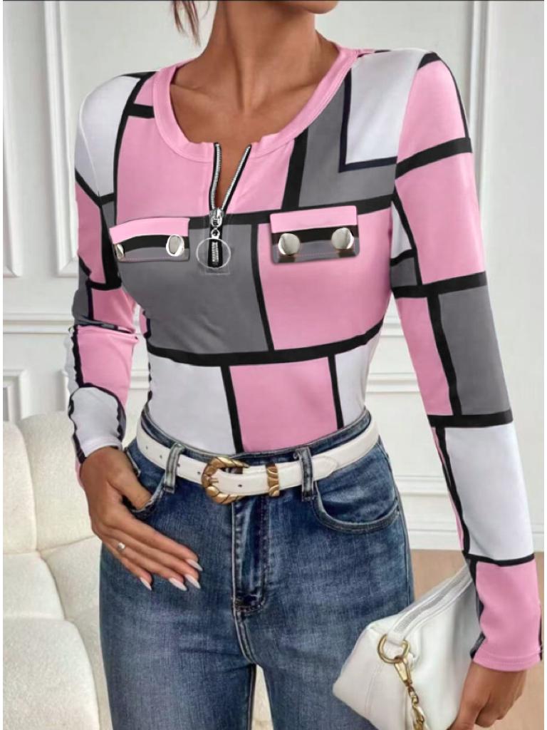 2025 Trendy Women's Plaid Round Neck Long-Sleeve T-Shirt