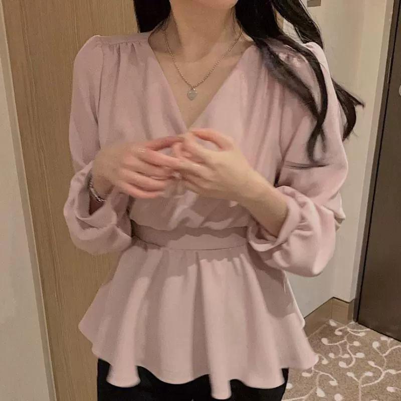 Spring and Summer Chiffon Shirt Women's Design Sense Elegant V-neck Temperament Waist Lace-up Long-sleeved Shirt Top