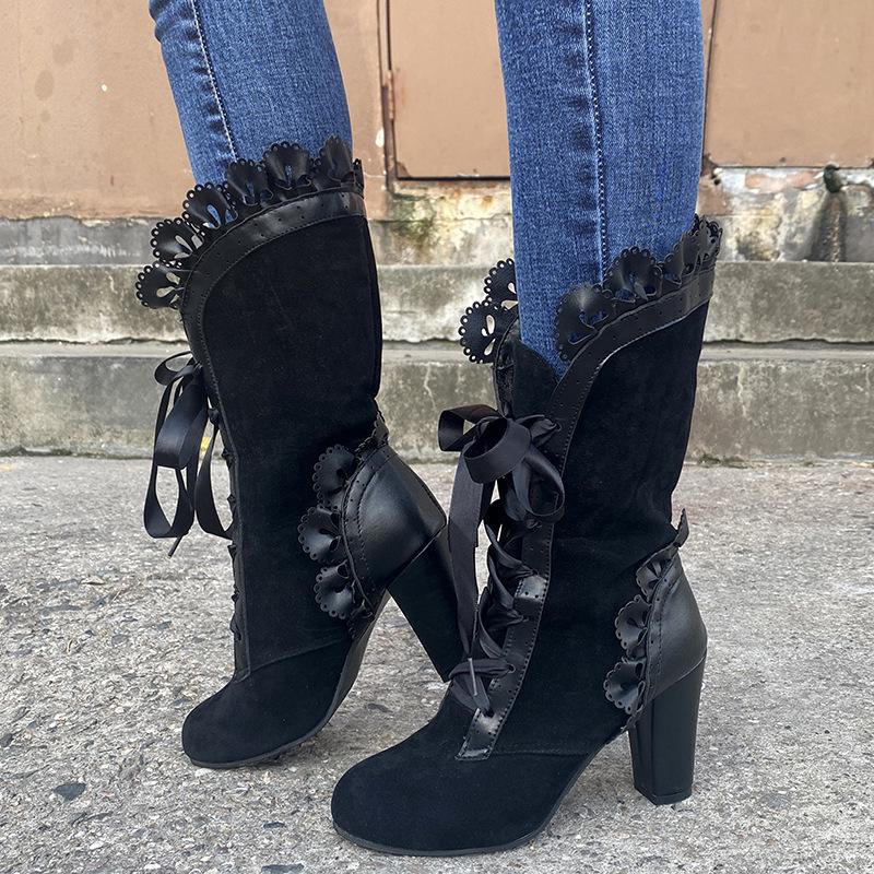 2022 Autumn/Winter Plus Size European & American Lace High-Heeled Mid-Calf Leather Fashion Boots for Women.