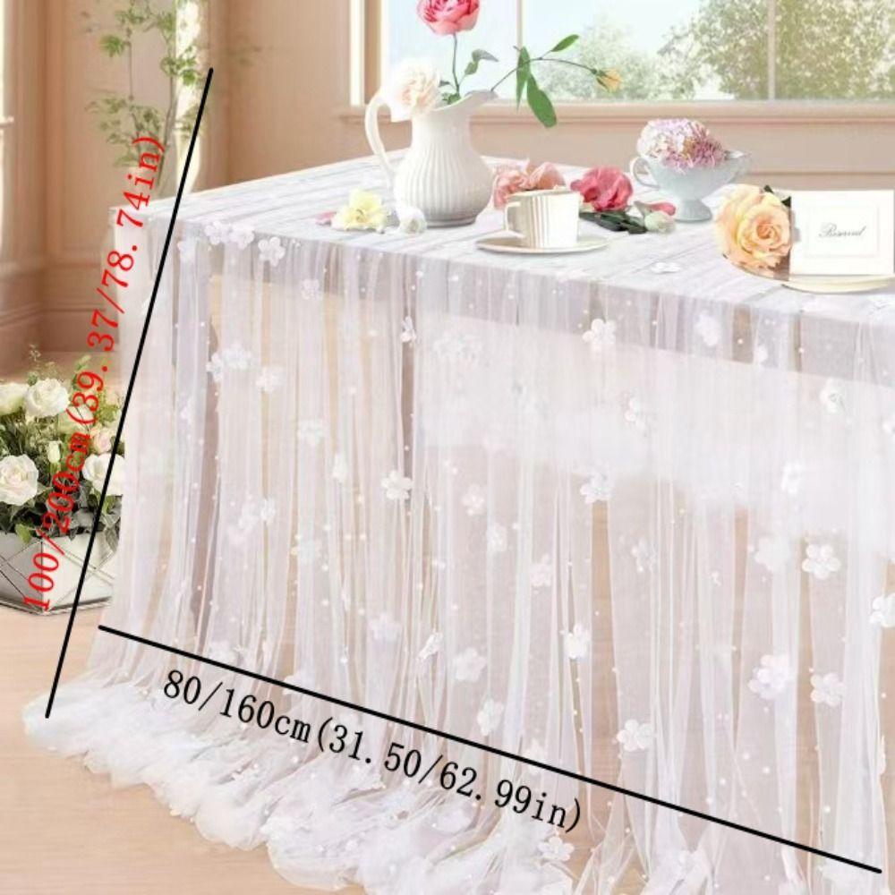 Elegant Flower Pearl Tablecloth Romantic Pearl Embellishments Tulle Fabric Tablecloth Decorative Semi-Transparent