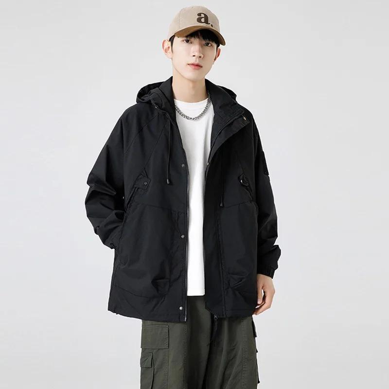 Men's Spring Cargo Jacket Hooded Large Capacity Pockets Outdoor Windproof Camping Hiking Fashion Outwear Loose Fit