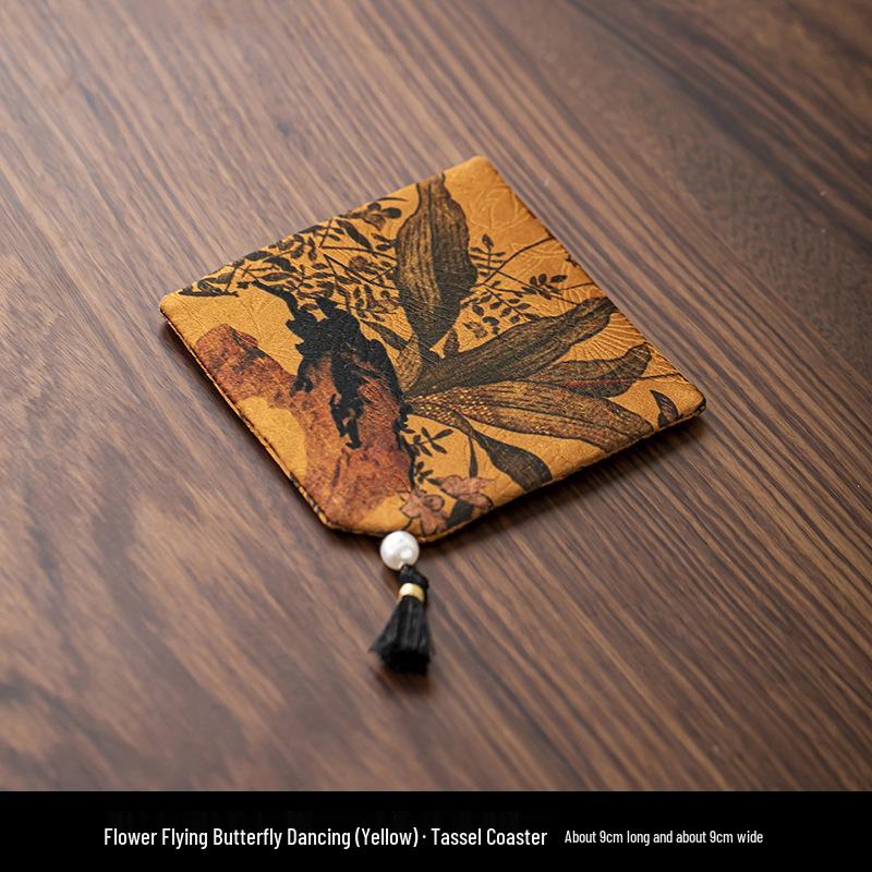 Elegant Chinese Tassel-Fabric Coaster: Waterproof, Anti-Slip, Double-Sided Tea Table Accessory
