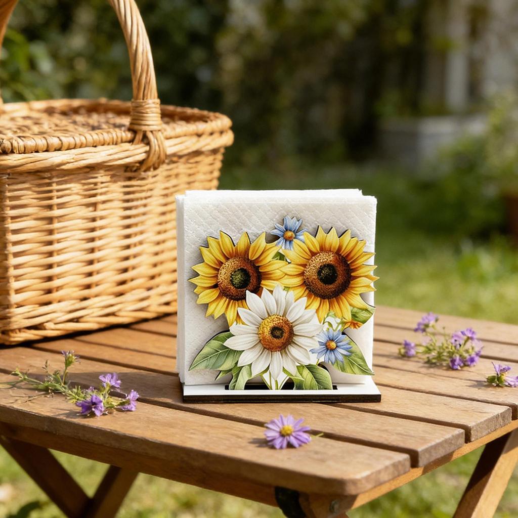 3 Stück Schöne Sonnenblumen Tulpen Holz Taschentuchhalter Blumenförmiger Taschentuchspender Kreativer Serviettenhalter Dekoration