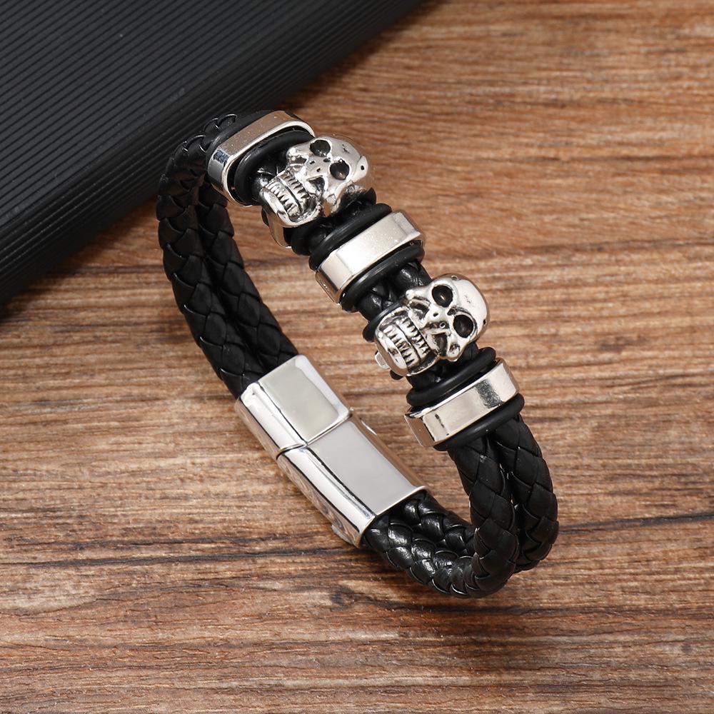 

Мужской кожаный браслет-веревка с черепом из сплава в стиле хип-хоп чёрный