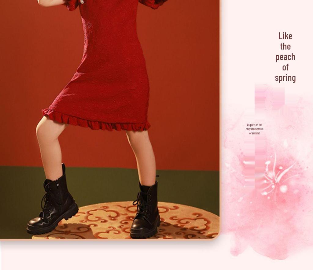 Retro Rotes Qipao Sommerkleid für Mädchen - Chinesischer Stil Prinzessin Bühnenoutfit