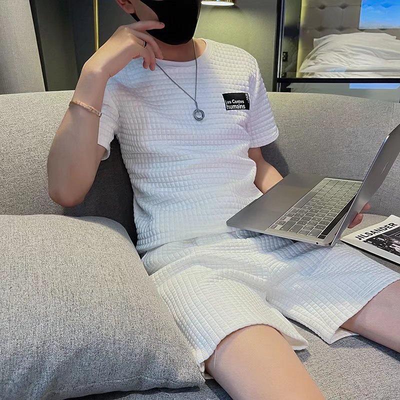 Herr Trendig Våfflad Kortärmad T-shirt och Shorts Sommarset