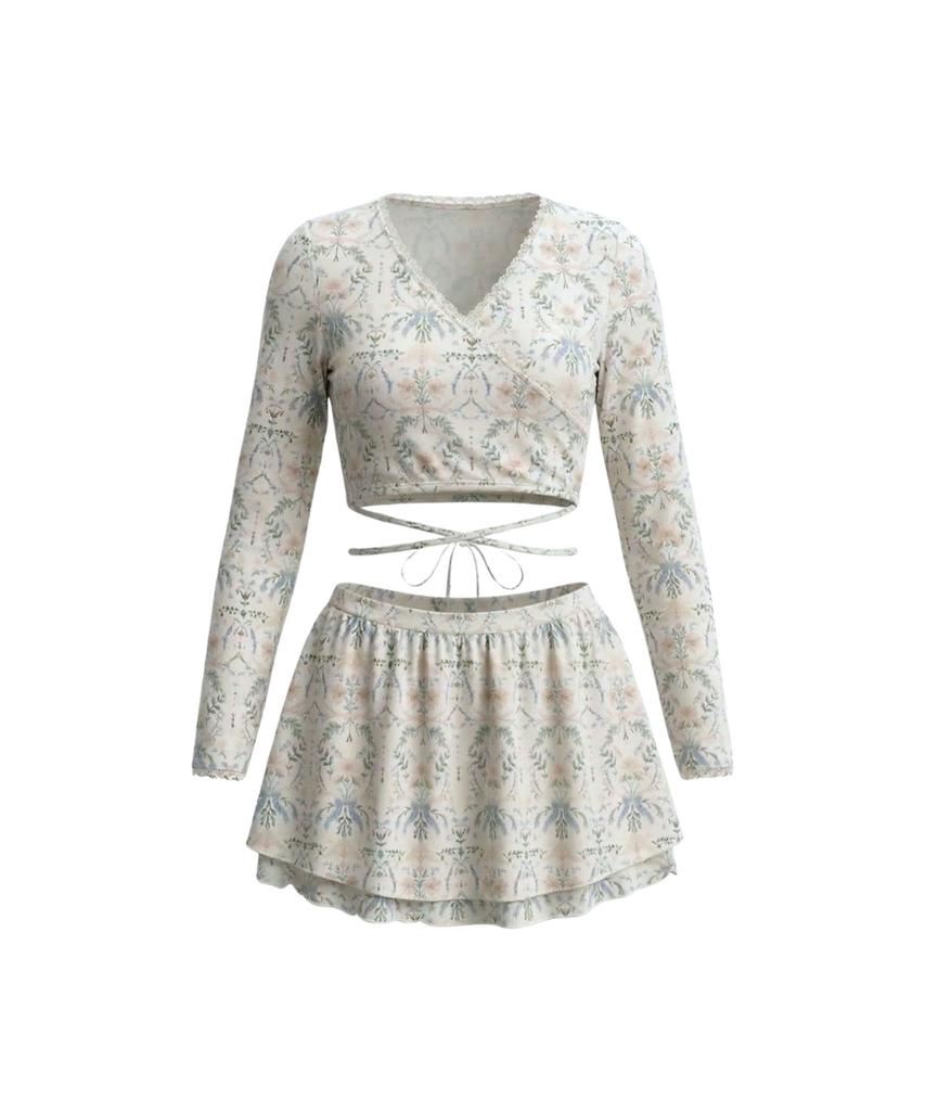 VIKINI VENDER Rococo Garden Long Sleeve Bikini Skirt Set 3 Pcs