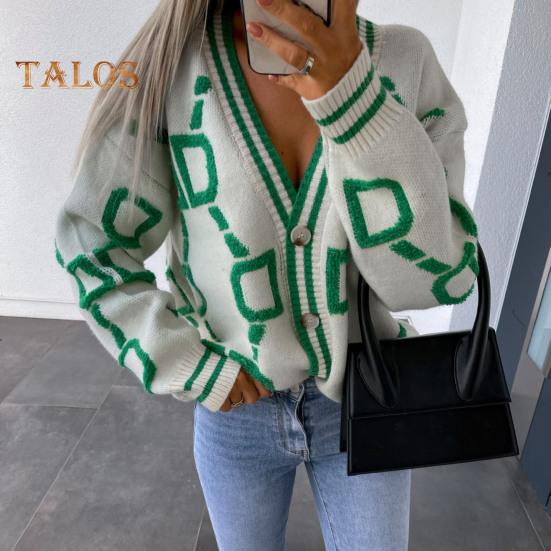 Damen Pullover Mantel V-Ausschnitt Langarm Buchstabenprint Einreihig Strickpullover Lockere Passform Warm Strickjacke