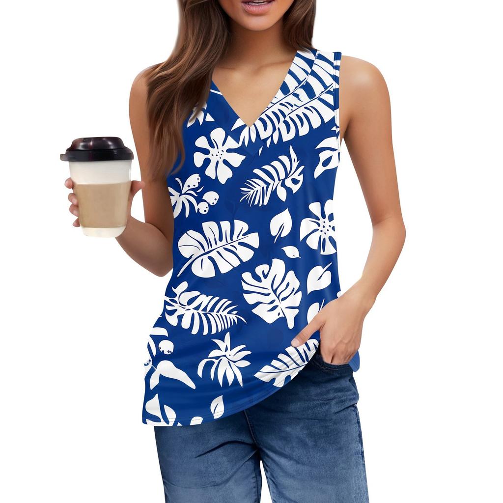 V Neck Tank Top Women Print Tank Tee Casual Loose Fit Sleeveless Shirt