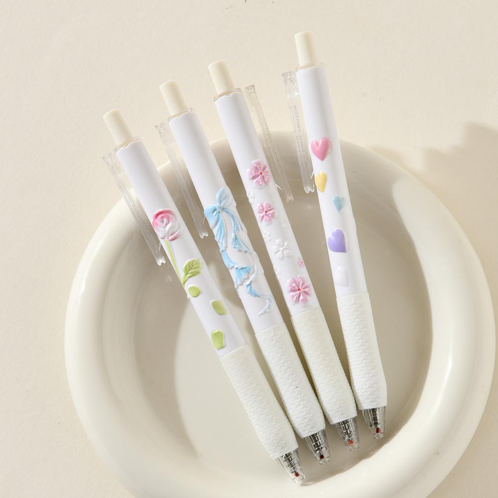4pcs Random 3D Floral Relief Scented Pen Fragrant 0.5mm Black Gel Ink Pen Smooth Writing for Students Exam Essential Gift 2025